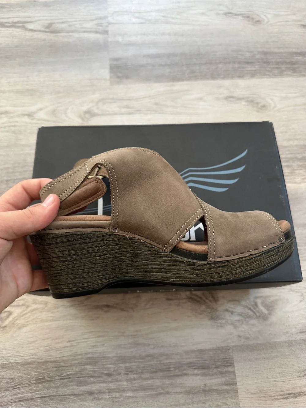 Dansko Taupe Nubuck Wedge Sandals